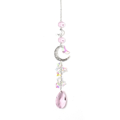 Hot Pink Glass Moon Hanging Suncatcher Pendant Decoration, Teardrop Crystal Ceiling Chandelier Ball Prism Pendants, with Alloy & Iron Findings, Hot Pink, 420~430mm