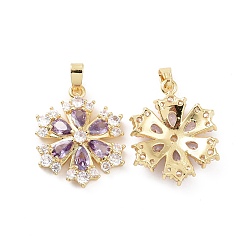 Lilac Real 18K Gold Plated Brass Micro Pave Clear Cubic Zirconia Pendants, Flower Charms, Lilac, 22x17.5x4.5mm, Hole: 5x2.5mm