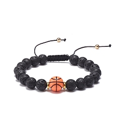 Basketball Плетеный браслет из натуральной лавы и акриловых бусин, украшения из драгоценных камней с эфирными маслами для мужчин и женщин, баскетбольный узор, внутренний диаметр: 2-1/8~3-5/8 дюйм (5.5~9.3 см)