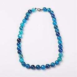Blue Natural Dyed Agate Beads Necklaces, with Brass Lobster Claw Clasps, Round, Blue, Beads:12mm, 18.9 inch(48cm)