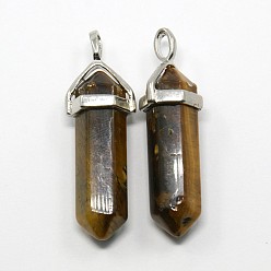Tiger Eye Gemstone Double Terminated Pointed Pendants, with Metal Findings, Bullet, Platinum Metal Color, 39~41x10~12x8~10mm, Hole: 4x3mm