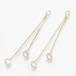 Real 18K Gold Plated Brass Box Chain Tassel Pendants, with Cubic Zirconia, Clear, Real 18K Gold Plated, 47mm, Hole: 1.5mm