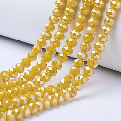 Jaune Perles en verre electroplate, couleur unie opaque, de couleur plaquée ab , facette, rondelle, jaune, 8x6mm, Trou: 1mm, Environ 65~68 pcs/chapelet, 15.7~16.1 pouce (40~41 cm)