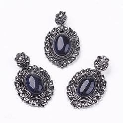 Black Agate Natural Black Agate Gothic Pendants, with Antique Silver Plated Zinc Alloy Rhinestone Findings, Oval, Lead Free & Nickel Free, Total Length: 47~48.5mm, Hole: 5x7mm, Oval Pendant: 39~40x27~27.5x7.5~9mm