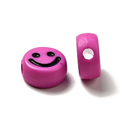 Rouge Violet Moyen Perles acryliques opaques, plat rond avec motif de visage souriant, support violet rouge, 10x5mm, Trou: 2mm, environ1450 pcs / 500 g