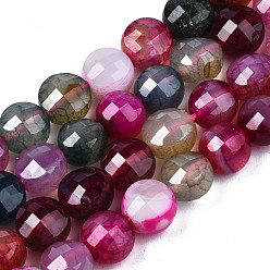 Medium Violet Red Natural Agate Beads Strands, Dyed & Heated, Faceted, Flat Round, Medium Violet Red, 8x6.5mm, Hole: 1.2mm, about 47pcs/strand, 14.96 inch(37cm).
