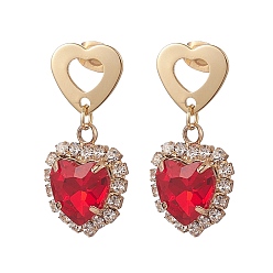 Rouge Boucles d'oreilles clous pendantes coeur en verre, or 316 bijoux en acier inoxydable pour femmes, rouge, 30mm, pin: 0.7 mm