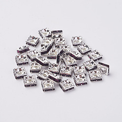 Améthyste Séparateurs perles en verre avec strass en laiton, Grade a, sans nickel, de couleur métal argent, carrée, améthyste, 6x6x3mm, Trou: 1mm