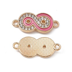 Perlas de Color Rosa Dijes de conector de diamantes de imitación de cristal de aleación, estilo esmalte, Enlaces infinito, la luz de oro, rosa perla, 11x24x2.5 mm, agujero: 1.6 mm