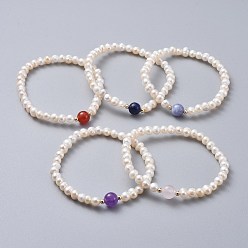 Mixed Stone Stretch Grade A Natural Freshwater Pearl Bracelets, with Natural Gemstone Beads and Brass Beads, 2 inch(5.1cm)