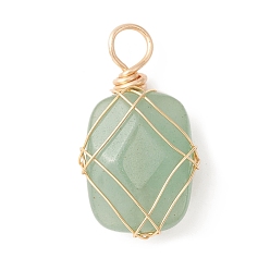 Green Aventurine Natural Green Aventurine Copper Wire Wrapped Pendants, Faceted Rectangle Charms, Golden, 25~26x14~18.5x7~7.5mm, Hole: 4mm