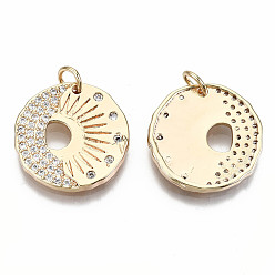 Real 18K Gold Plated Brass Micro Pave Clear Cubic Zirconia Pendants, Nickel Free, Flat Round with Sun & Moon, Real 18K Gold Plated, 18x18x2mm, Jump Ring: 5x0.7mm, 3mm inner diameter
