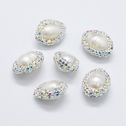 White Natural Cultured Freshwater Pearl Beads, with Polymer Clay Rhinestone, Oval, White, 16~19x14~15x9~10mm, Hole: 0.5mm