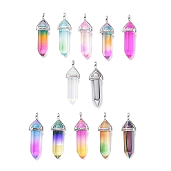 Mixed Color Faceted Bullet Glass Pointed Pendants, with Platinum Plated Brass Findings, Mixed Color, 38~39.5x12.5x10mm, Hole: 5x3mm