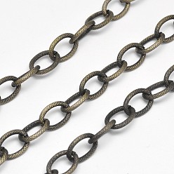 Antique Bronze Electroplate Iron Cable Chains, Textured, Soldered, with Spool, Oval, Lead Free & Nickel Free, Antique Bronze, 12x9x2mm, about 65.61 Feet(20m)/roll