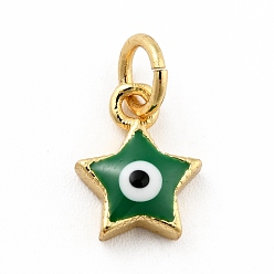 Verde Oscuro Colgantes de esmalte de latón chapado en rack, con anillos de salto, sin plomo y cadmio, real 18 k chapado en oro, estrella con mal de ojo, verde oscuro, 9.5x7.5x2.6 mm, agujero: 3 mm