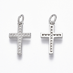 Real Platinum Plated Brass Micro Pave Cubic Zirconia Charms, with Jump Ring, Nickel Free, Cross, Clear, Real Platinum Plated, 17x10.5x2mm, Hole: 3mm