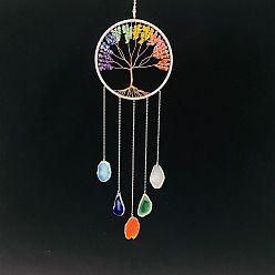 Colorful Natural Agate Wind Chime, with Tree of Life Natural Gemstone Chip for Home Garden Decoration, Colorful, 580x160mm