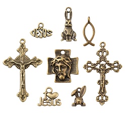 Antique Bronze 80Pcs 8 Style Easter Themed Tibetan Style Alloy Pendants, Rabbit & Jesus Fish & Heart & Name Jesus & Cross, Antique Bronze, 11~43x8~26x2~7mm, Hole: 1.5~2mm, 10pcs/style