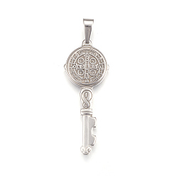 Stainless Steel Color 304 Stainless Steel Big Pendants, Key with Saint Benedict Medal, Stainless Steel Color, 52x20.5x3.5mm, Hole: 4.5x8.5mm