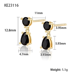 Black Cubic Zirconia Teardrop Dangle Stud Earrings, Golden 925 Sterling Silver Earrings, Black, 12.8x3.93~4.7mm