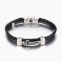 Black Leather Braided Cord Bracelets, with 304 Stainless Steel Finding, Rectangle with Cross, Black, 8-1/4 inch(210mm), 8.5x3~7mm