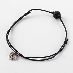 Lave Bracelets de cheville en coton ciré tendance, avec des perles de pierre de lave et des charmes de coeur en alliage d'argent antique de style tibétain, 150~300mm