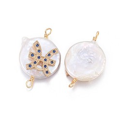 Poissons Connecteurs de liens de perles naturelles, avec accessoires zircon cubique micro pave en laiton, plat rond avec constellation, or, bleu marine, Poissons, 20~26x9~17x5~11mm, Trou: 1.6mm