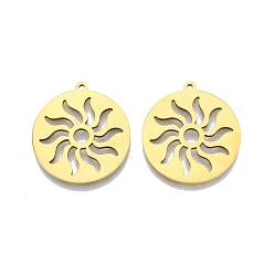Real 18K Gold Plated Ion Plating(IP) 201 Stainless Steel Pendants, Flat Round with Sun, Real 18K Gold Plated, 27x25x1.5mm, Hole: 1.4mm