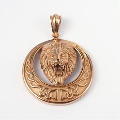 Golden 316L Surgical Stainless Steel Big Pendants, Flat Round with Lion, Golden, 56x50x21mm, Hole: 7x12mm