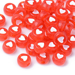 Red Transparent Acrylic Beads, Flat Round with White Heart, Red, 7x3.5mm, Hole: 1.8mm, about 3700pcs/500g