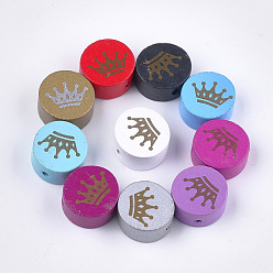 Mixed Color Printed Natural Maple Wood Beads, Dyed, Flat Round with Crown, Mixed Color, 19~20x10~10.5mm, Hole: 2.5mm, about 250pcs/500g