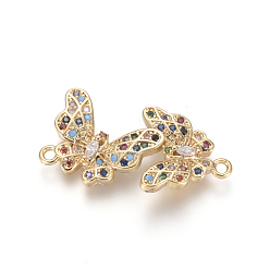 Golden Brass Micro Pave Cubic Zirconia Links connectors, Butterfly, Colorful, Golden, 14.5x27x3.5mm, Hole: 1.4mm