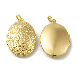 Real 18K Gold Plated Rack Plating Brass Locket Pendants, Oval with Flower Pattern Charm, Cadmium Free & Lead Free, Long-Lasting Plated, Real 18K Gold Plated, 33.5x23.5x8mm, Hole: 4x6.5mm