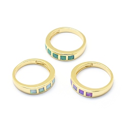 Golden Synthetic Opal Finger Rings, with Brass Findings, Long-Lasting Plated, Size 7, Mixed Color, Golden, 17.5mm