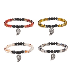 Mixed Color Natural Dragon Veins Agate & Lava Rock Stretch Bracelet with Alloy Leaf Charm, Gemstone Jewelry for Women, Mixed Color, Inner Diameter: 2-1/2 inch(6.5cm)