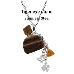 Tiger Eye Natural Tiger Eye Perfume Bottle Pendant Necklace with Staninless Steel Butterfly Flower and Tassel Charms, Essential Oil Vial Jewelry for Women, 18.11 inch(46cm)