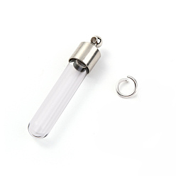 Platinum Transparent Glass Bottle Pendant, with Brass Findings and Jump Rings, Openable Perfume Bottle, Tube, Platinum, 36x7mm, Hole: 1.6mm
