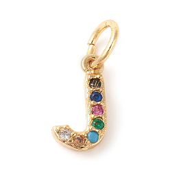 Letter J Brass Micro Pave Colorful Cubic Zirconia Charms, Golden, Letter.J, 9x5x2mm, Hole: 3mm
