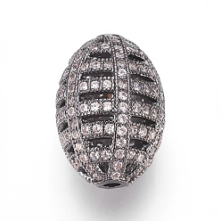Gunmetal Brass Micro Pave Cubic Zirconia Beads, Sports Beads, Rugby, Clear, Gunmetal, 17x11.5mm, Hole: 1.5mm