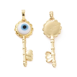 White Handmade Evil Eye Lampwork Pendants, with Real 18K Gold Plated Tone Brass Findings, Key Charm, White, 33x12x4mm, Hole: 4x6mm
