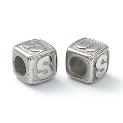 Letter S 304 acier inoxydable perles européennes, Perles avec un grand trou   , trou horizontal, cube avec la lettre, couleur inox, letter.s, 8x8x8mm, Trou: 4mm