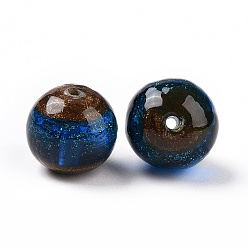 Azul Cristal de murano de arena de oro hecho a mano, rondo, azul, 14.5x13.5~14 mm, agujero: 1.6~2 mm