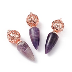 Amethyst Natural Amethyst Big Pendants, Cone Charms with Rack Plating Brass Hollow Ball, Rose Gold, Cadmium Free & Lead Free, 57~58x17.5~18mm, Hole: 8x5mm