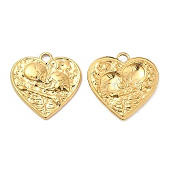 Real 18K Gold Plated 304 Stainless Steel Pendants, Textured, Heart with Skull Charm, Real 18K Gold Plated, 20x20.5x2mm, Hole: 2.5mm