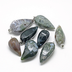 Moss Agate Natural Moss Agate Pendants, with Iron Clasps, Cone Pendulum, 38~70x14~32x12~24mm, Hole: 4mm