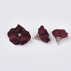 Dark Red Handmade Cloth Pendant Decorations, with Alloy Findings, Flower, Dark Red, 24~26x24~25mm, Hole: 2mm