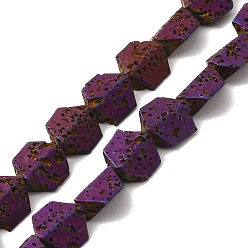 Purple Plated Electroplated Natural Lava Rock Beads Strands, Hexagon, Purple Plated, 8.5~9x8.5x4~4.5mm, Hole: 1mm, about 45pcs/strand, 15.35''~15.75''(39~40cm)