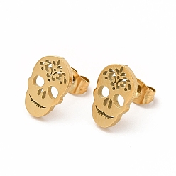 Golden Halloween Skull with Flower 304 Stainless Steel Stud Earrings for Women, Golden, 12x8mm, Pin: 0.7mm