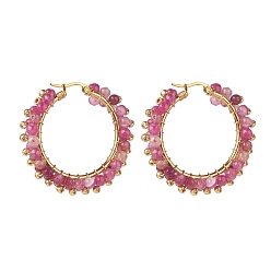 Hot Pink Natural Agate Beaded Hoop Earrings, 304 Stainless Steel Wire Wrap Jewelry for Women, Golden, Hot Pink, 43x43.5x9mm, Pin: 1.1x0.6mm